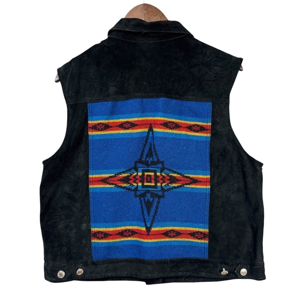 Pendleton Womens Leather Vest XL Black Wool Southwestern Native Aztec Ranch Boho - Picture 3 of 8